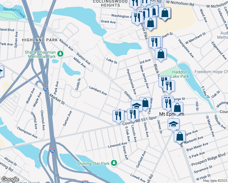 map of restaurants, bars, coffee shops, grocery stores, and more near 720 Cedar Avenue in Mount Ephraim