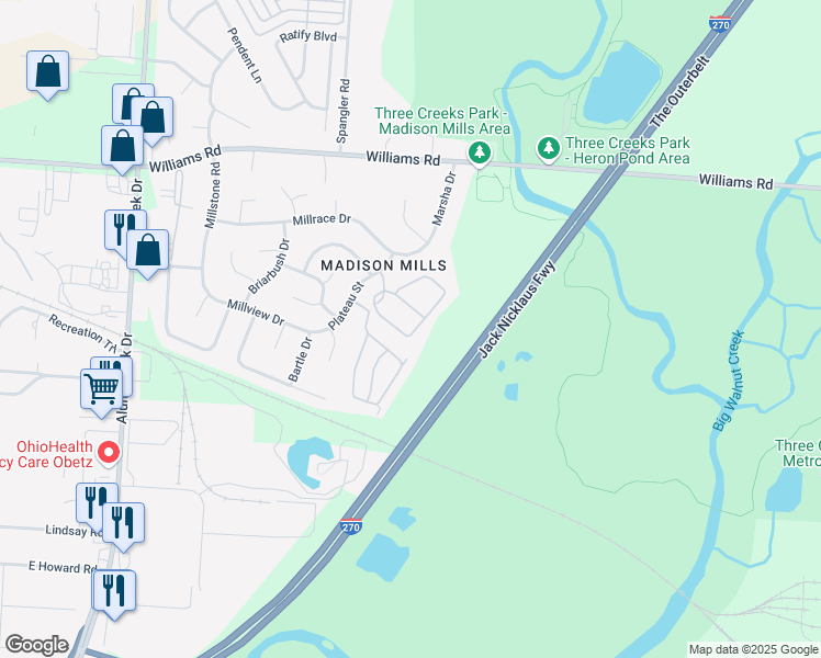 map of restaurants, bars, coffee shops, grocery stores, and more near 4117 Raft Lane in Columbus