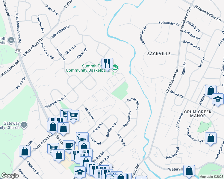 map of restaurants, bars, coffee shops, grocery stores, and more near 6125 Hilltop Drive in Brookhaven