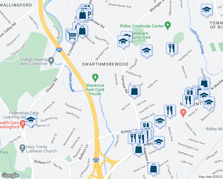 map of restaurants, bars, coffee shops, grocery stores, and more near 720 Swarthmorewood Lane in Swarthmore