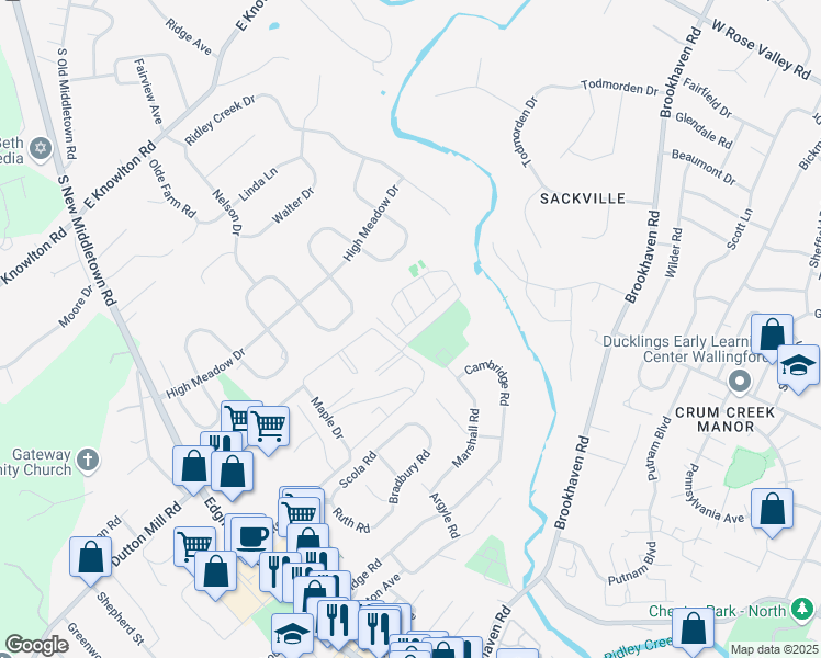 map of restaurants, bars, coffee shops, grocery stores, and more near 6125 Hilltop Drive in Brookhaven