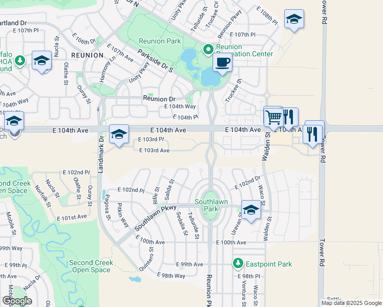 map of restaurants, bars, coffee shops, grocery stores, and more near 17566 East 103rd Avenue in Commerce City