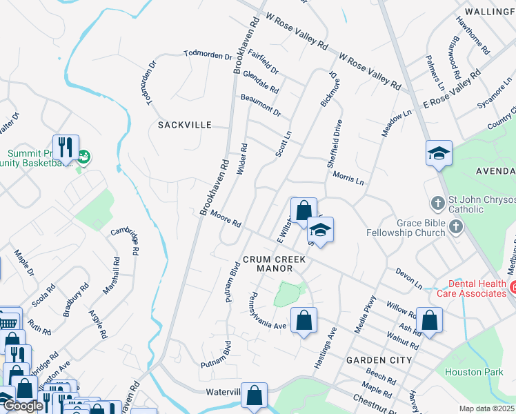 map of restaurants, bars, coffee shops, grocery stores, and more near 604 Scott Lane in Delaware County