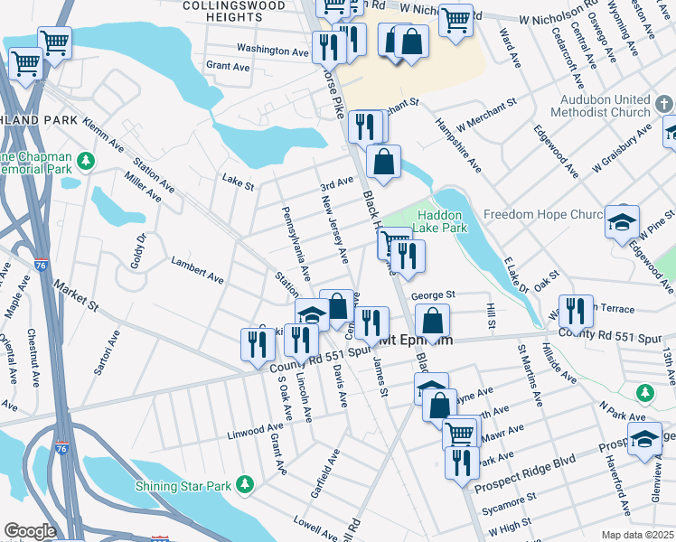 map of restaurants, bars, coffee shops, grocery stores, and more near 122 7th Avenue in Mount Ephraim