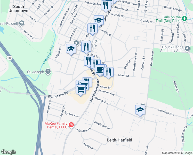 map of restaurants, bars, coffee shops, grocery stores, and more near 582 Morgantown Rd in Uniontown