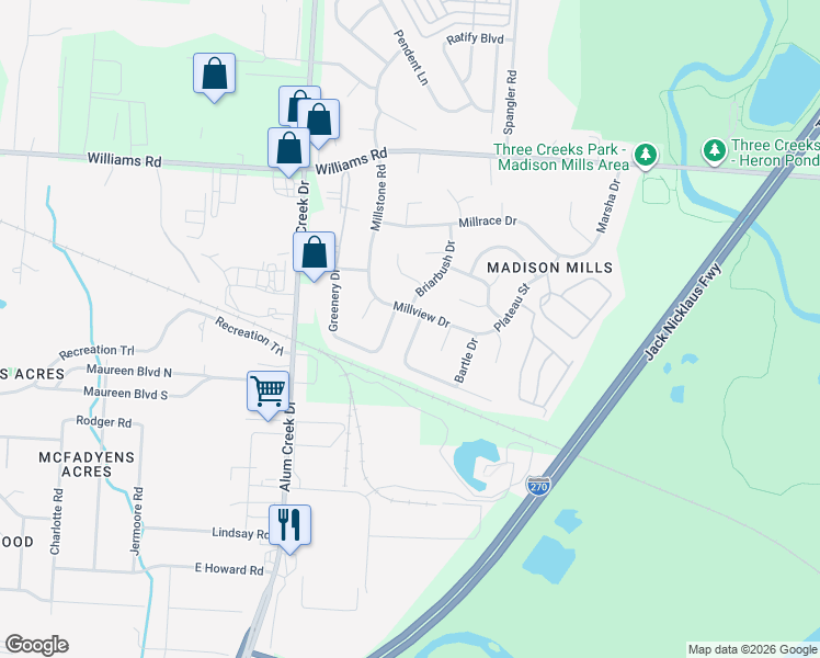 map of restaurants, bars, coffee shops, grocery stores, and more near 4100 Wintertime Drive in Columbus