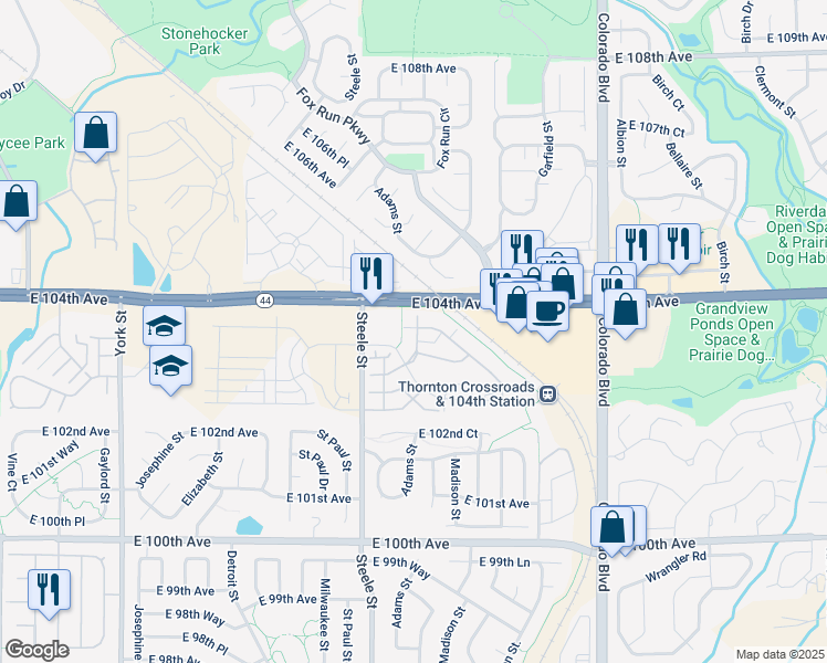 map of restaurants, bars, coffee shops, grocery stores, and more near 10370 Cook Way in Denver