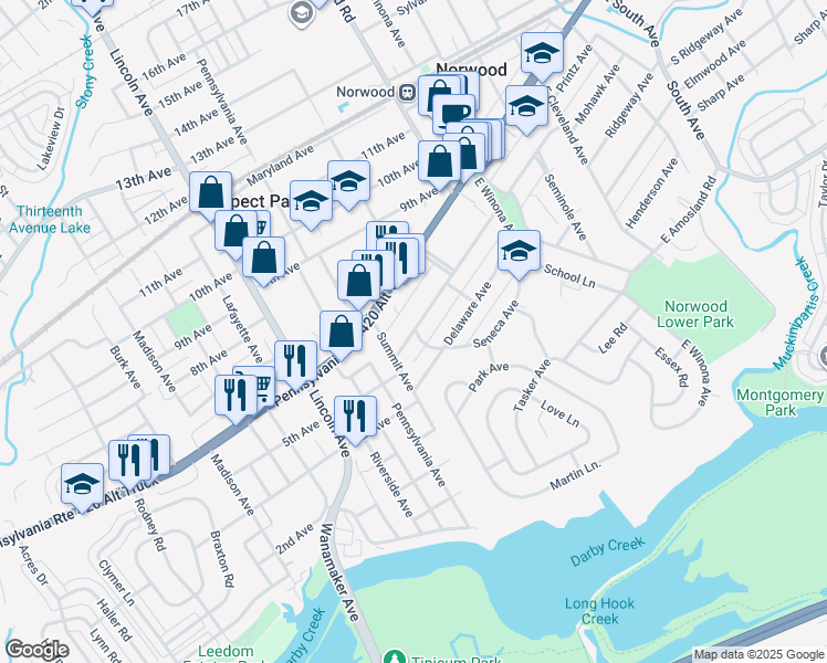 map of restaurants, bars, coffee shops, grocery stores, and more near 701 Delaware Avenue in Norwood