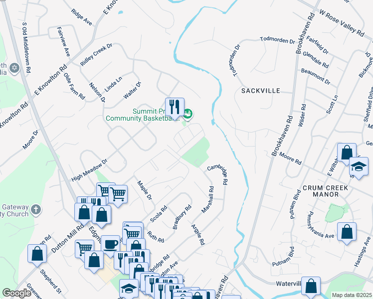 map of restaurants, bars, coffee shops, grocery stores, and more near 6406 Hilltop Drive in Brookhaven