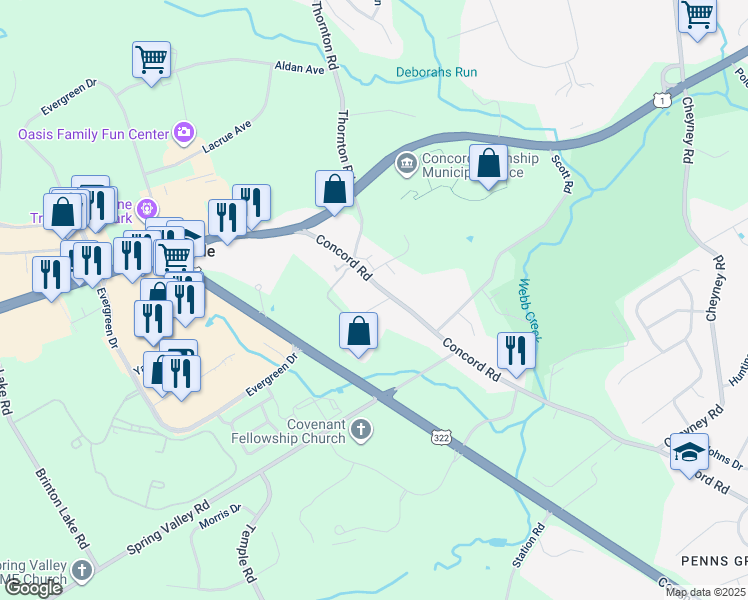 map of restaurants, bars, coffee shops, grocery stores, and more near 804 Concord Road in Glen Mills