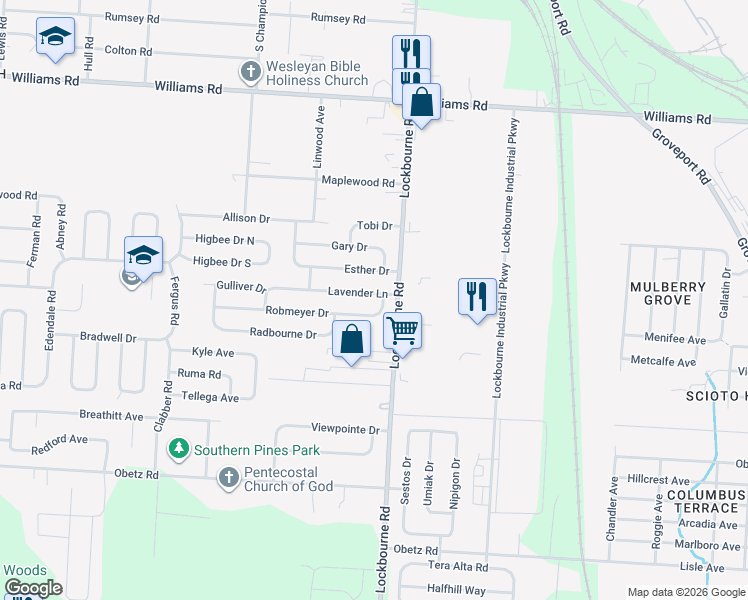 map of restaurants, bars, coffee shops, grocery stores, and more near 1086 Robmeyer Drive in Columbus