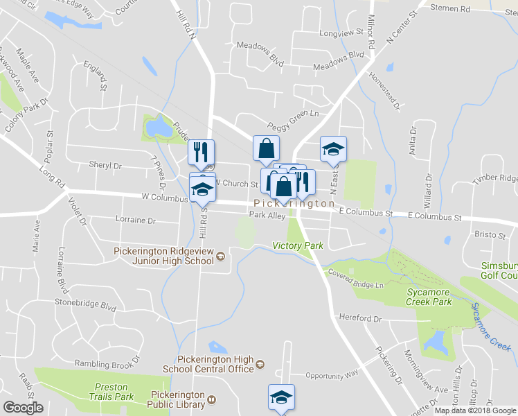 map of restaurants, bars, coffee shops, grocery stores, and more near 71 West Columbus Street in Pickerington