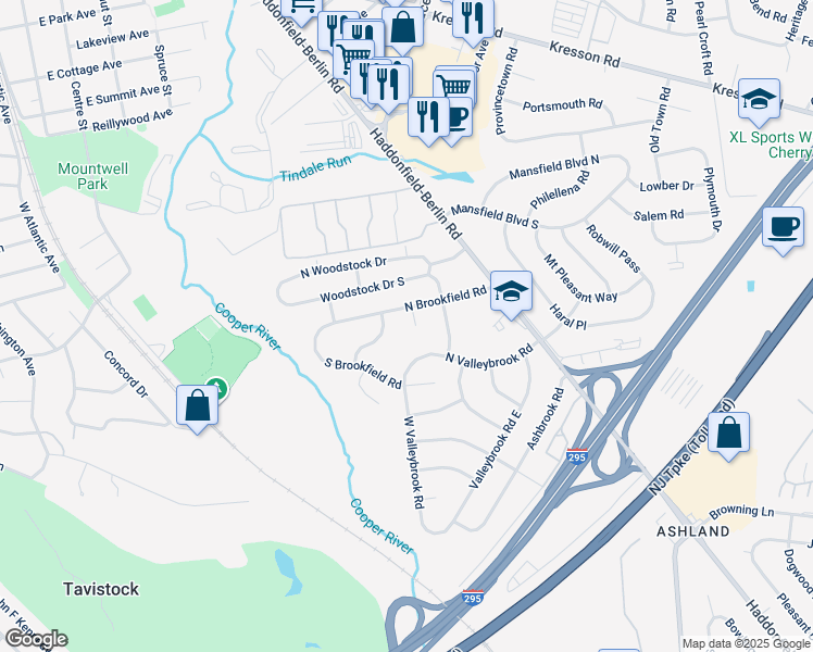 map of restaurants, bars, coffee shops, grocery stores, and more near 9 Maplebrook Court in Cherry Hill
