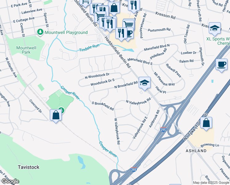 map of restaurants, bars, coffee shops, grocery stores, and more near 9 Maplebrook Court in Cherry Hill