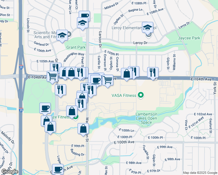 map of restaurants, bars, coffee shops, grocery stores, and more near 780 East 104th Avenue in Northglenn