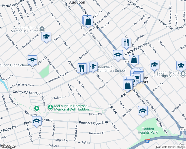 map of restaurants, bars, coffee shops, grocery stores, and more near 800 Kings Highway in Haddon Heights