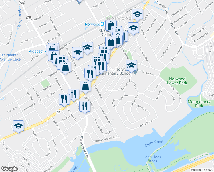 map of restaurants, bars, coffee shops, grocery stores, and more near 640 Mohawk Avenue in Norwood