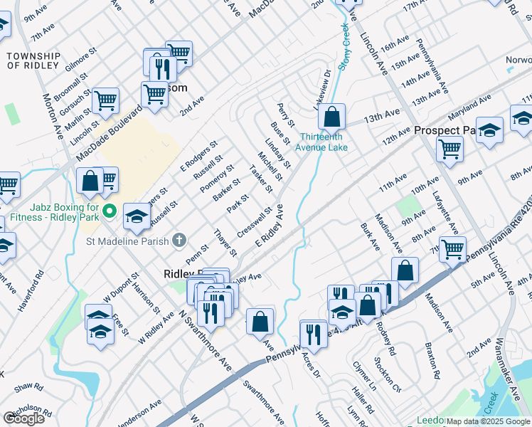 map of restaurants, bars, coffee shops, grocery stores, and more near 404 Cresswell Street in Ridley Park