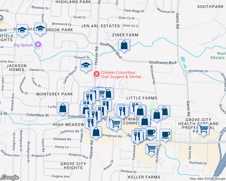 map of restaurants, bars, coffee shops, grocery stores, and more near 2451 Hooverside Lane in Grove City