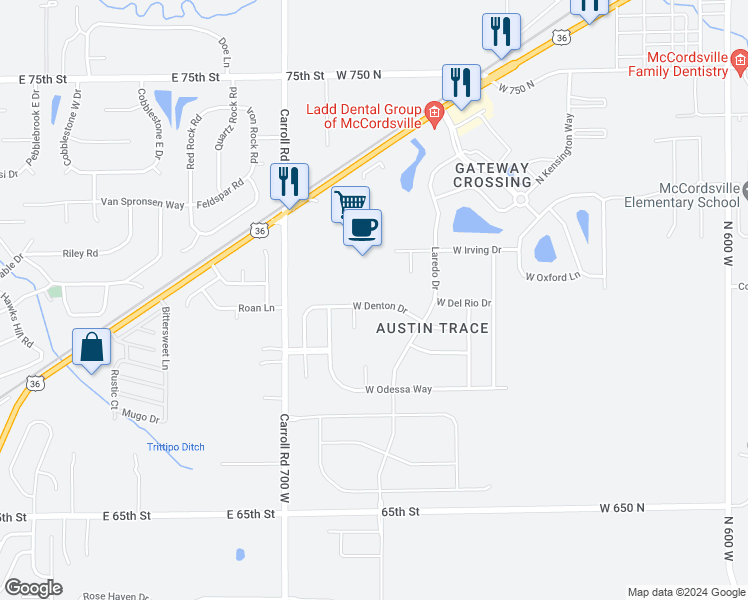 map of restaurants, bars, coffee shops, grocery stores, and more near 6802 West Denton Drive in McCordsville