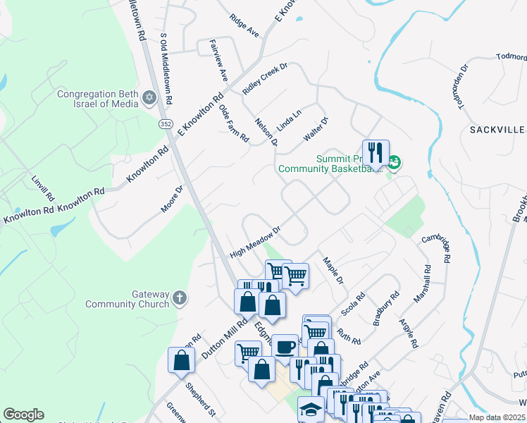 map of restaurants, bars, coffee shops, grocery stores, and more near 118 Meadowburn Lane in Media