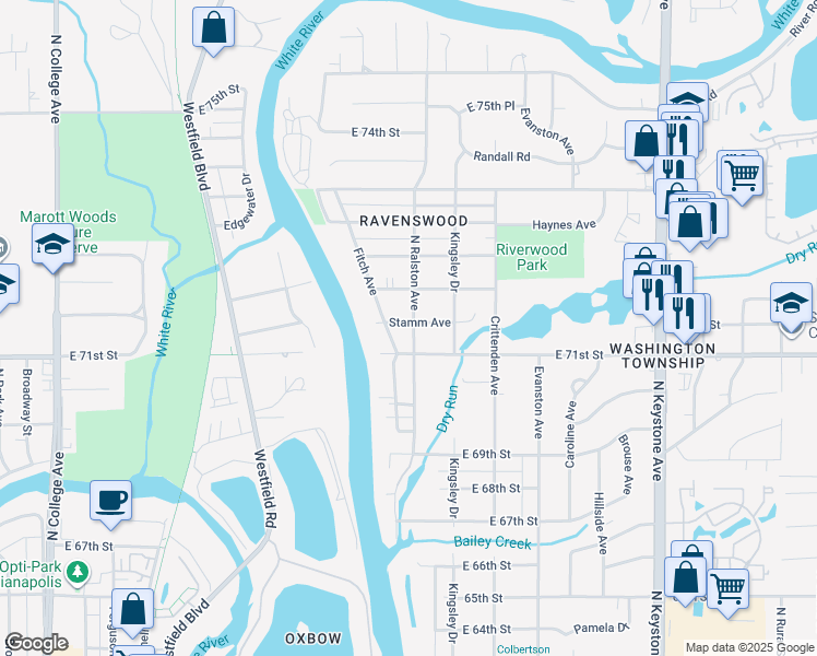 map of restaurants, bars, coffee shops, grocery stores, and more near 1523 Stamm Avenue in Indianapolis