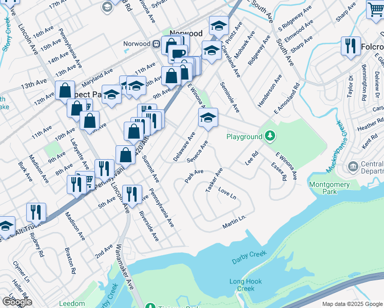 map of restaurants, bars, coffee shops, grocery stores, and more near 627 Seneca Avenue in Norwood