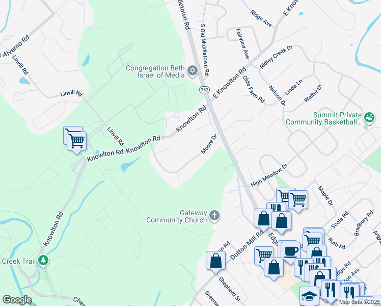 map of restaurants, bars, coffee shops, grocery stores, and more near 115 Moore Drive in Media