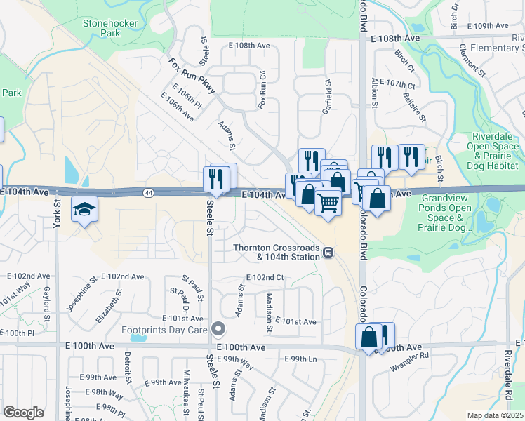 map of restaurants, bars, coffee shops, grocery stores, and more near 3260 East 103rd Drive in Thornton
