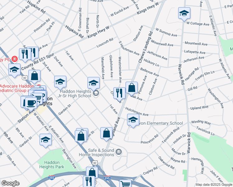 map of restaurants, bars, coffee shops, grocery stores, and more near 411 Crest Avenue in Haddon Heights