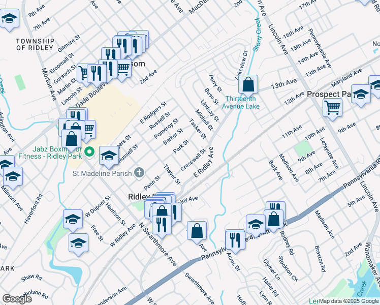 map of restaurants, bars, coffee shops, grocery stores, and more near 305 Purcell Street in Ridley Park
