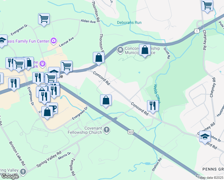 map of restaurants, bars, coffee shops, grocery stores, and more near 804 Concord Road in Glen Mills