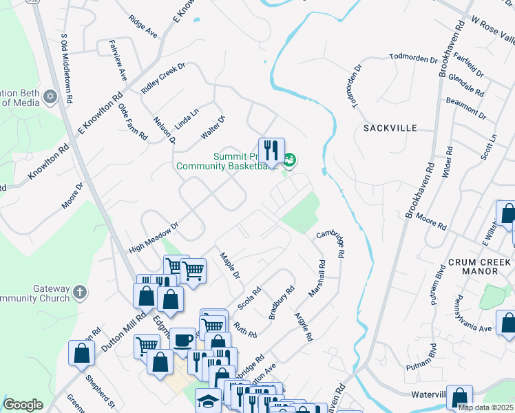 map of restaurants, bars, coffee shops, grocery stores, and more near 7316 Hilltop Drive in Brookhaven