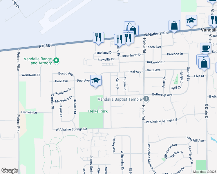 map of restaurants, bars, coffee shops, grocery stores, and more near 644 Randler Avenue in Vandalia