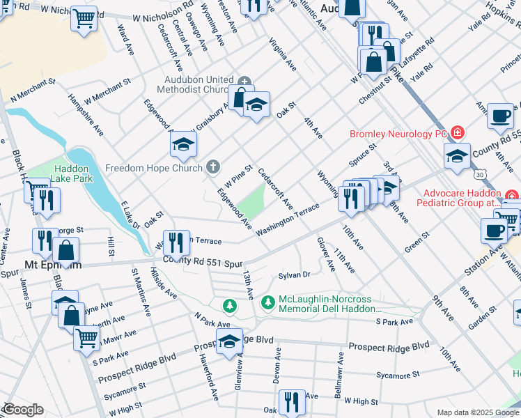 map of restaurants, bars, coffee shops, grocery stores, and more near 430 Chestnut Street in Audubon