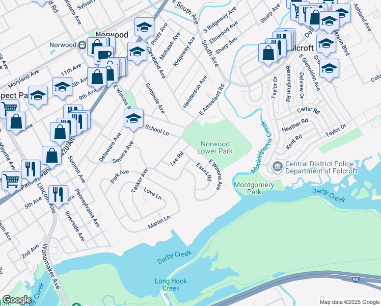 map of restaurants, bars, coffee shops, grocery stores, and more near 407 Essex Road in Norwood