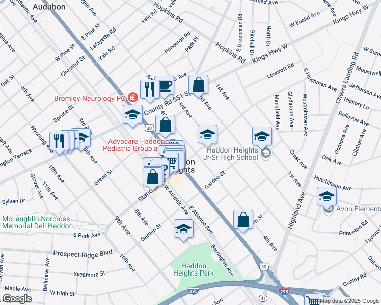 map of restaurants, bars, coffee shops, grocery stores, and more near in Haddon Heights