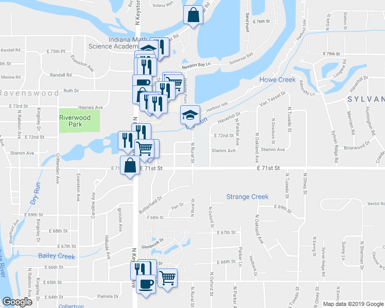 map of restaurants, bars, coffee shops, grocery stores, and more near 7198 North Rural Street in Indianapolis
