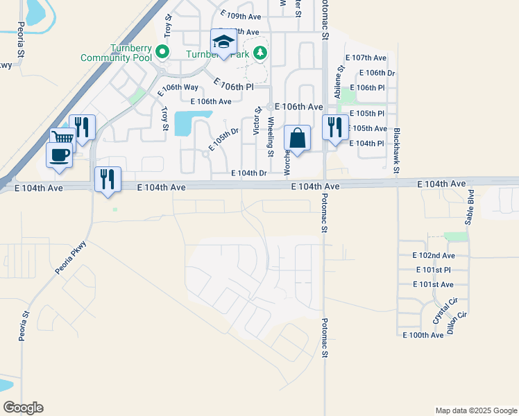 map of restaurants, bars, coffee shops, grocery stores, and more near 13284 East 104th Avenue in Commerce City