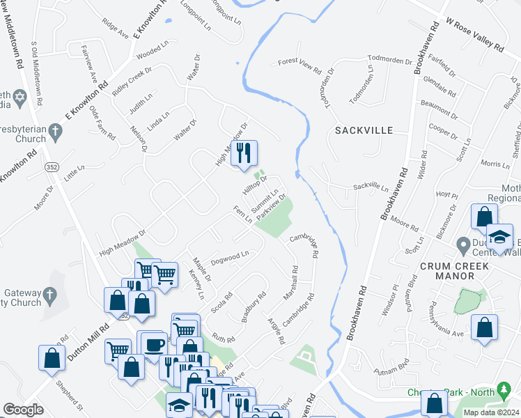 map of restaurants, bars, coffee shops, grocery stores, and more near 6211 Hilltop Drive in Brookhaven