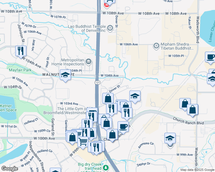 map of restaurants, bars, coffee shops, grocery stores, and more near 10305 Dover Street in Westminster