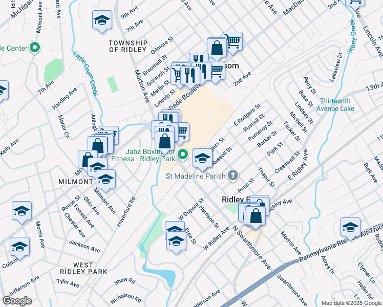 map of restaurants, bars, coffee shops, grocery stores, and more near 611 North Swarthmore Avenue in Ridley Park