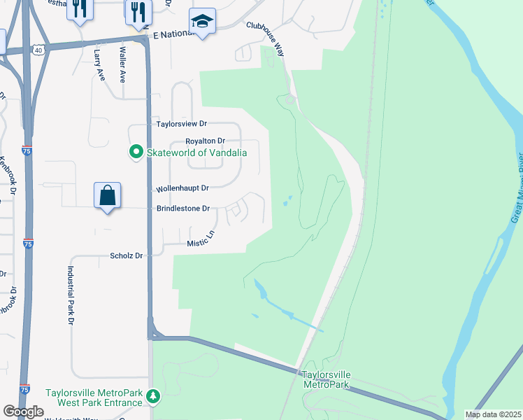 map of restaurants, bars, coffee shops, grocery stores, and more near 1289 Brindlestone Drive in Vandalia