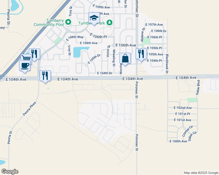 map of restaurants, bars, coffee shops, grocery stores, and more near 13284 East 104th Avenue in Commerce City