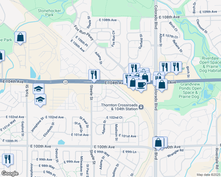 map of restaurants, bars, coffee shops, grocery stores, and more near 10370 Cook Way in Denver