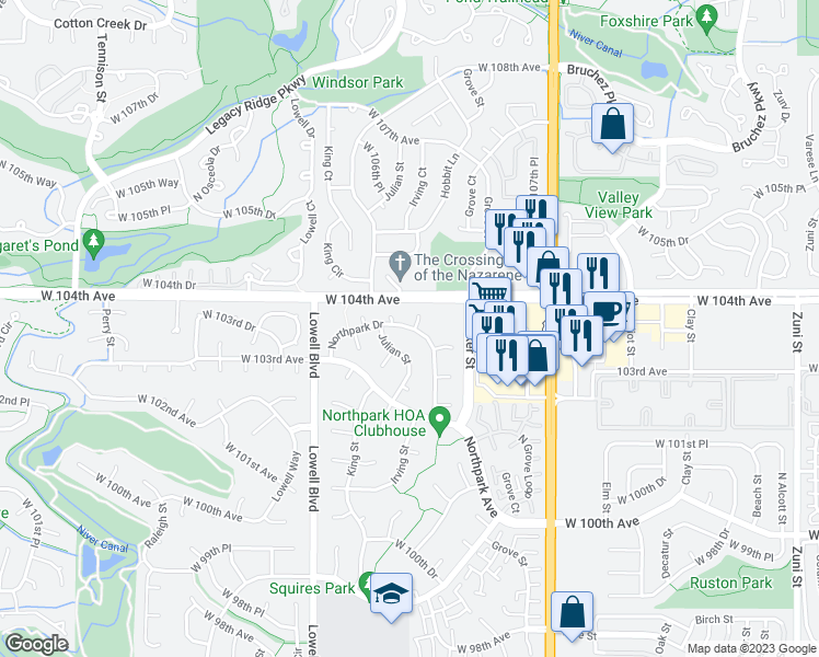 map of restaurants, bars, coffee shops, grocery stores, and more near 10313 Northpark Drive in Westminster