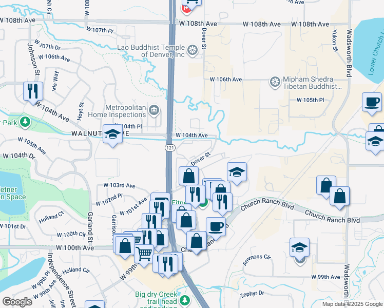 map of restaurants, bars, coffee shops, grocery stores, and more near 10255 Dover Street in Westminster