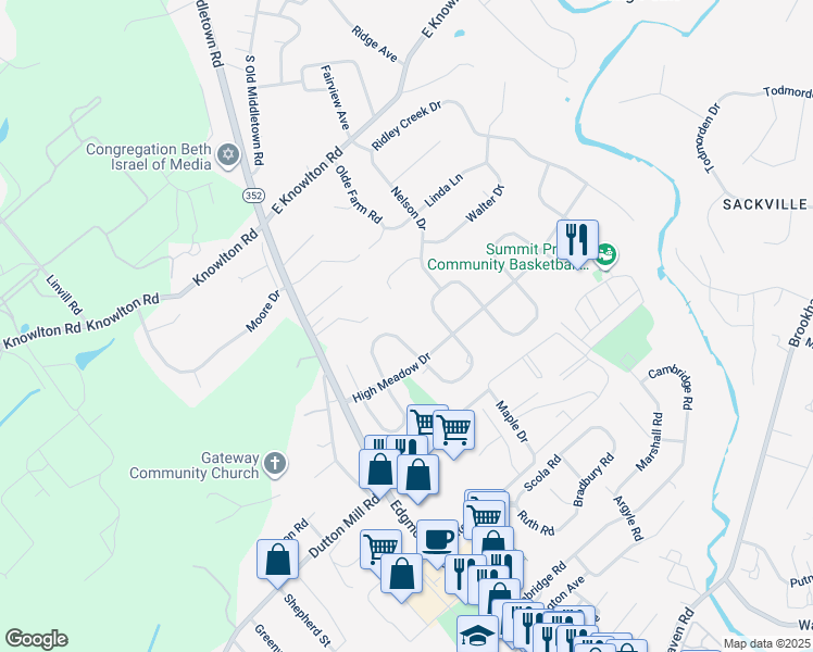 map of restaurants, bars, coffee shops, grocery stores, and more near 118 Meadowburn Lane in Media