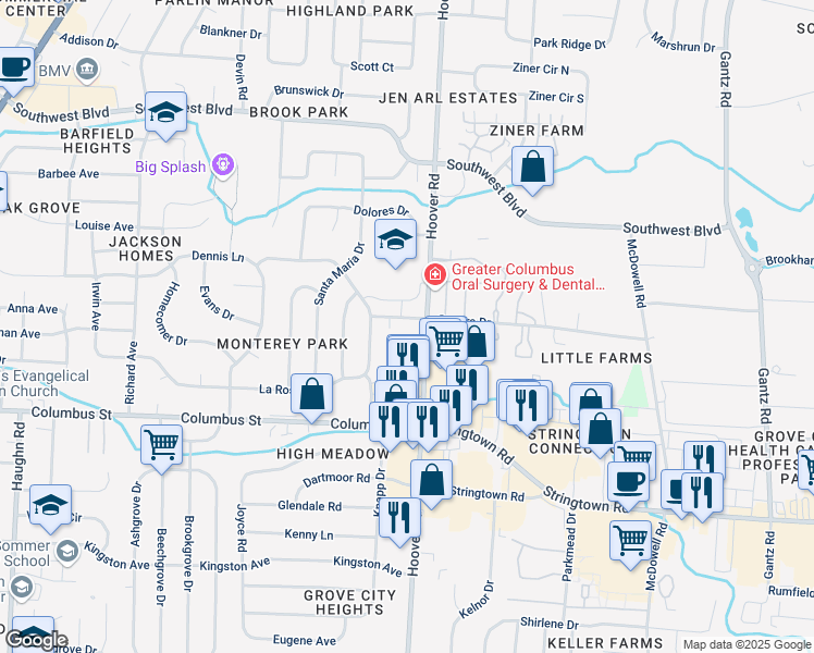 map of restaurants, bars, coffee shops, grocery stores, and more near 3929 Hoover Road in Grove City