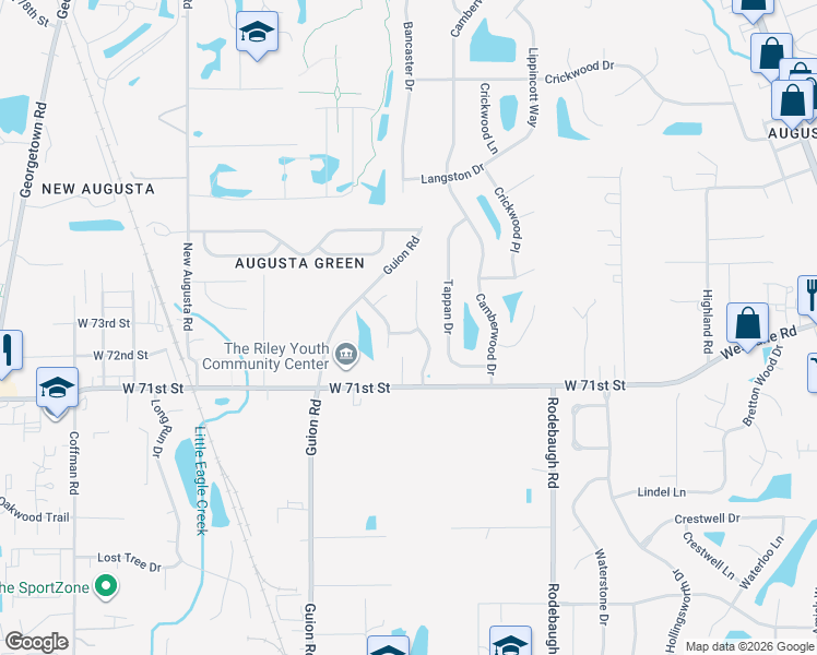 map of restaurants, bars, coffee shops, grocery stores, and more near 7156 Bradford Woods Way in Indianapolis